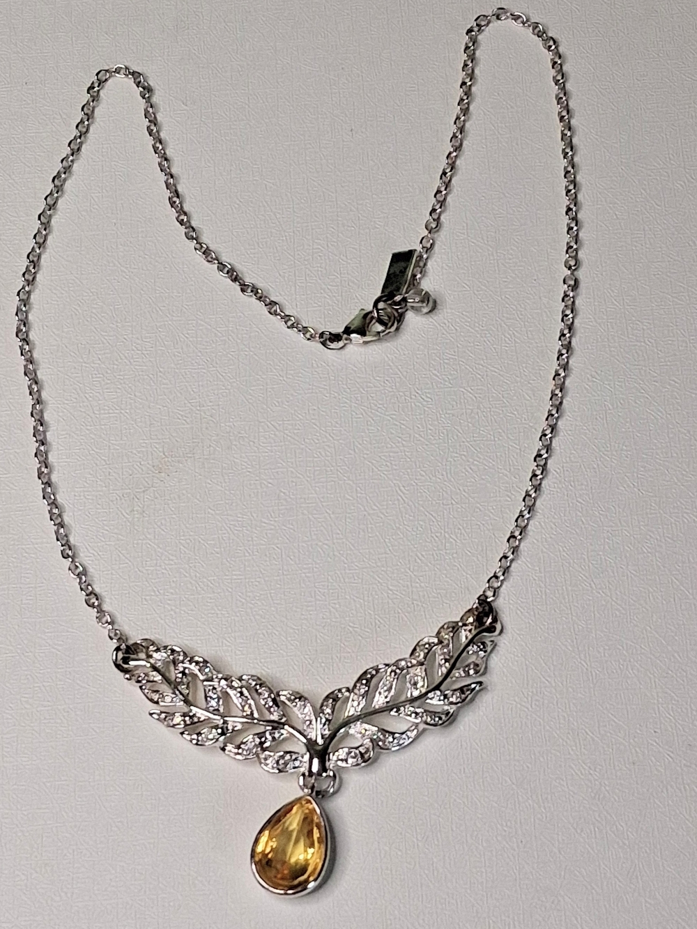 Liz Claiborne Silver-Tone Leaf Necklace with Yellow Teardrop